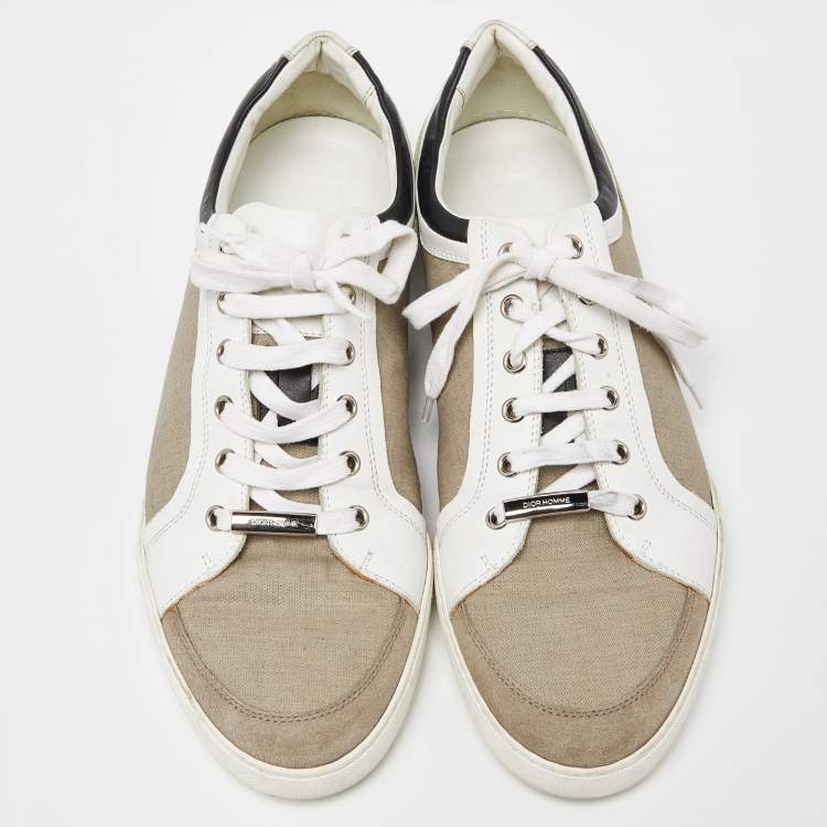 Pre Owned Dior Homme White/Beige Leather and Canvas Low Top Sneakers Size 43.5