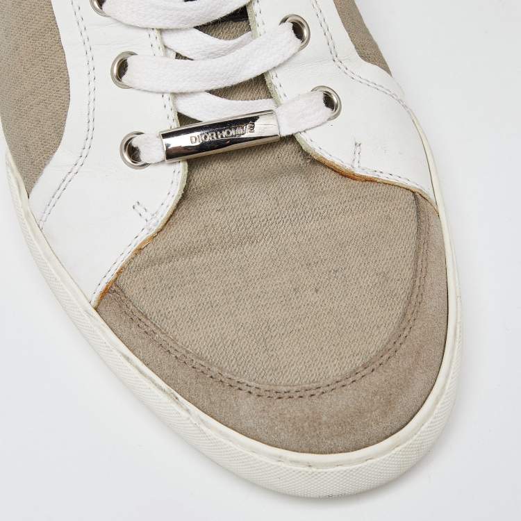 Pre Owned Dior Homme White/Beige Leather and Canvas Low Top Sneakers Size 43.5