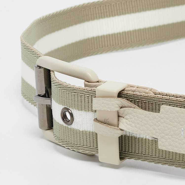 Pre Owned Dior Khaki Green/White Stripe Fabric and Leather Buckle Belt 95CM