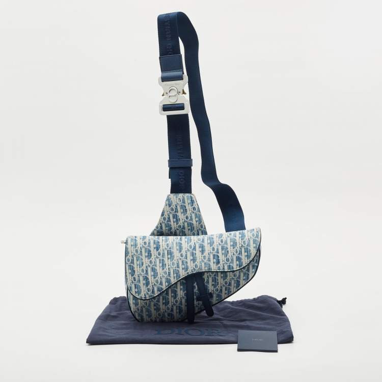 Pre Owned Dior Blue/White Oblique Kasuri Denim and Leather Saddle Bag