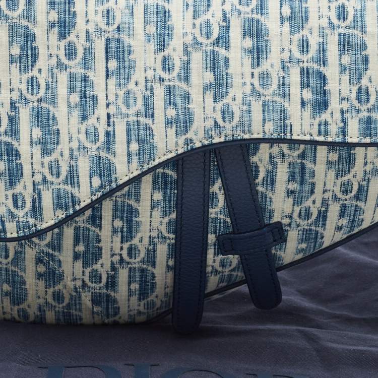 Pre Owned Dior Blue/White Oblique Kasuri Denim and Leather Saddle Bag