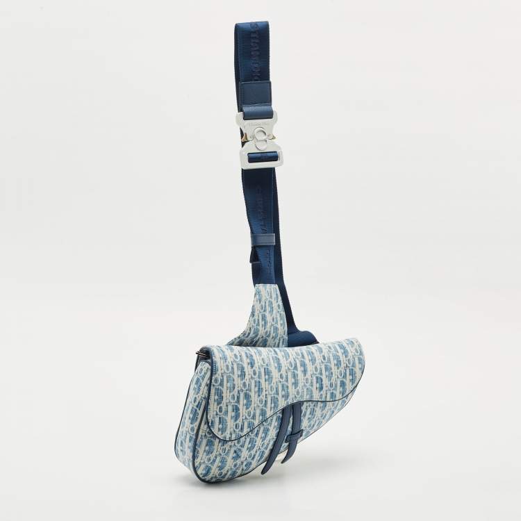 Pre Owned Dior Blue/White Oblique Kasuri Denim and Leather Saddle Bag