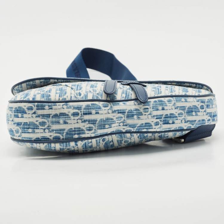 Pre Owned Dior Blue/White Oblique Kasuri Denim and Leather Saddle Bag