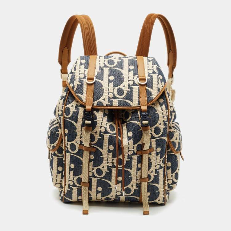 Pre Owned Dior Blue/Beige Oblique Denim and Raffia Hit The Road Backpack