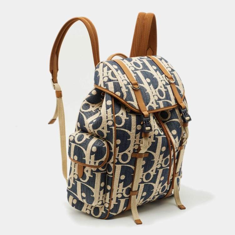 Pre Owned Dior Blue/Beige Oblique Denim and Raffia Hit The Road Backpack
