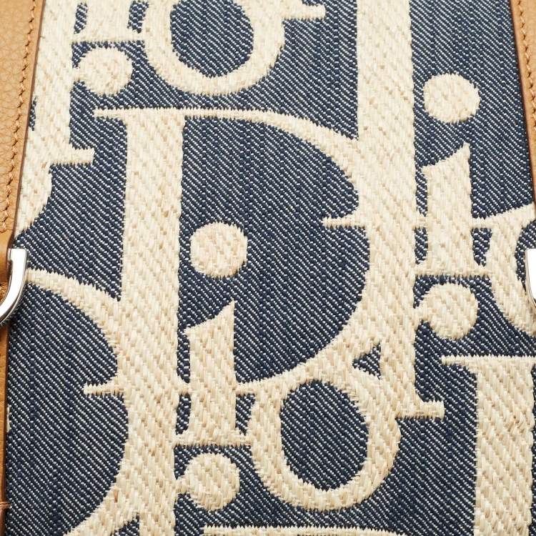 Pre Owned Dior Blue/Beige Oblique Denim and Raffia Hit The Road Backpack