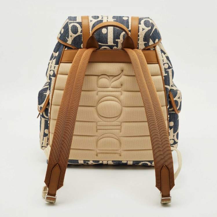 Pre Owned Dior Blue/Beige Oblique Denim and Raffia Hit The Road Backpack
