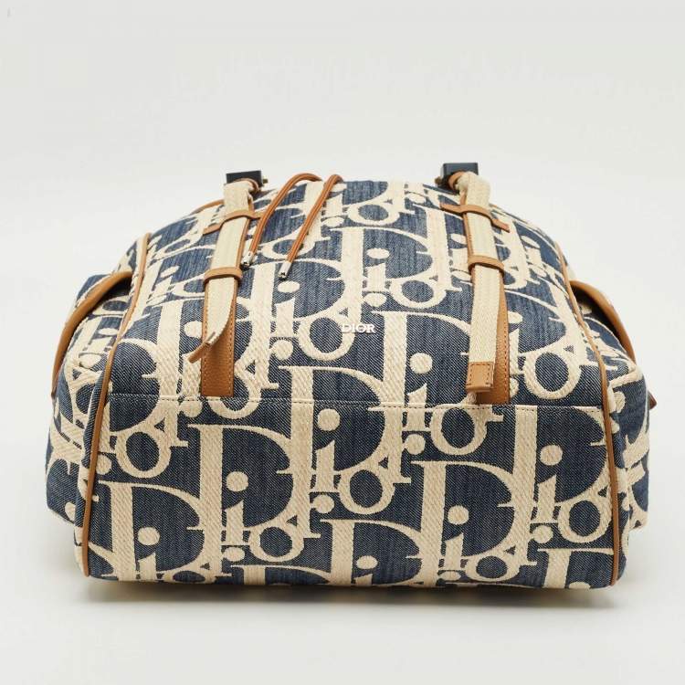 Pre Owned Dior Blue/Beige Oblique Denim and Raffia Hit The Road Backpack