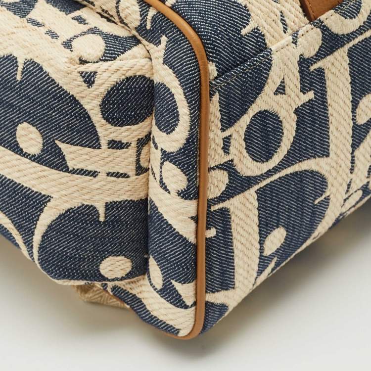 Pre Owned Dior Blue/Beige Oblique Denim and Raffia Hit The Road Backpack