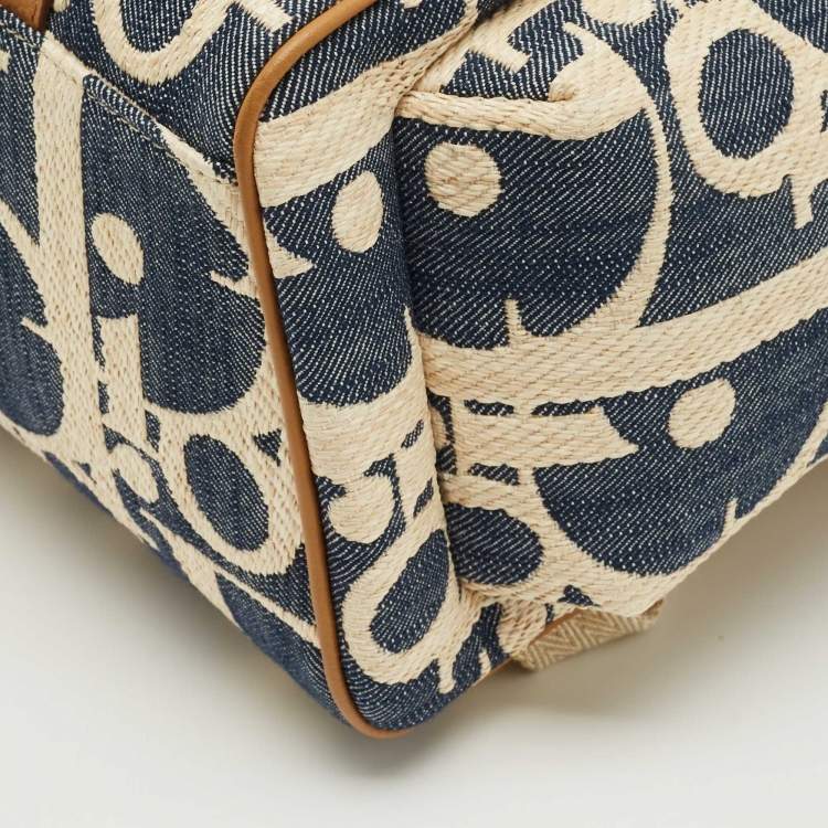 Pre Owned Dior Blue/Beige Oblique Denim and Raffia Hit The Road Backpack
