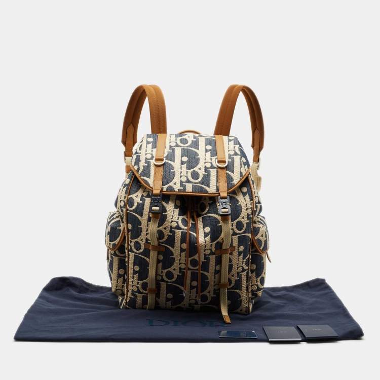 Pre Owned Dior Blue/Beige Oblique Denim and Raffia Hit The Road Backpack