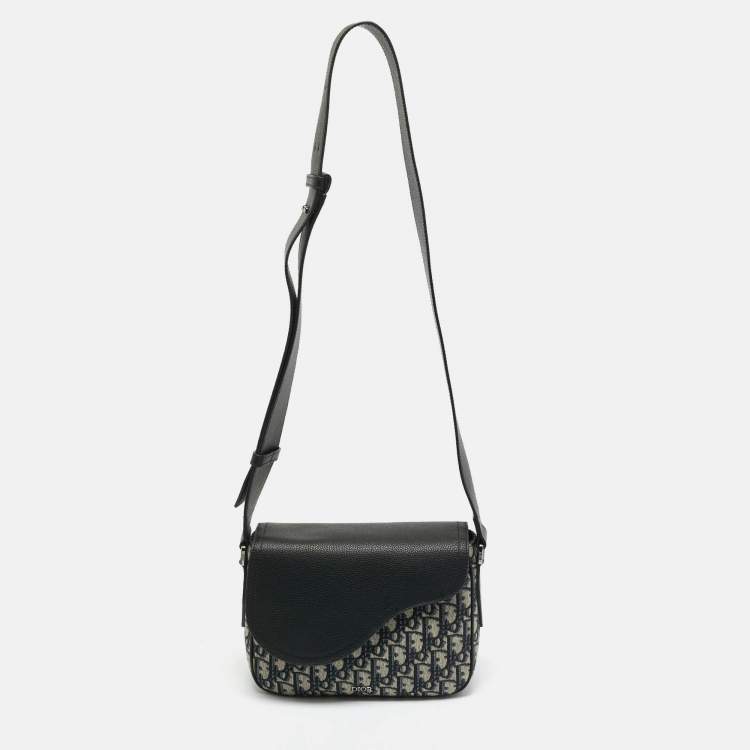 Pre Owned Dior Navy Blue Oblique Canvas and Leather Saddle Messenger Bag