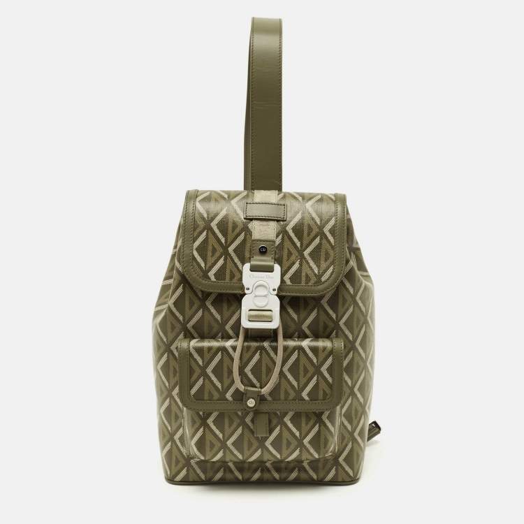 Pre Owned Dior Hit The Road Olive Green Diamond Coated Canvas and Leather Backpack