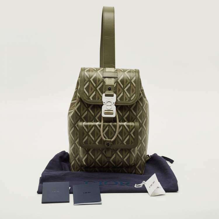 Pre Owned Dior Hit The Road Olive Green Diamond Coated Canvas and Leather Backpack