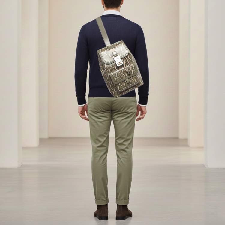 Pre Owned Dior Hit The Road Olive Green Diamond Coated Canvas and Leather Backpack