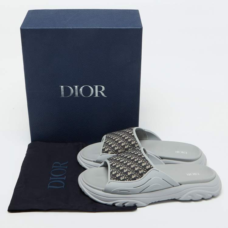 Pre Owned Dior Grey Canvas and Rubber H-Town Single Band Slide Sandals Size 44