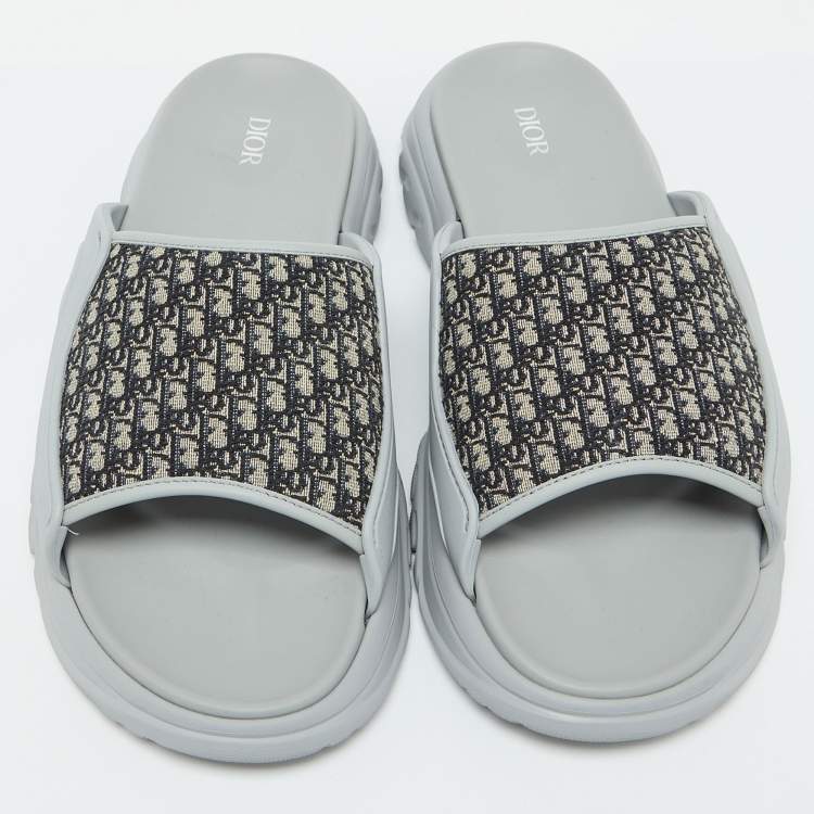 Pre Owned Dior Grey Canvas and Rubber H-Town Single Band Slide Sandals Size 44