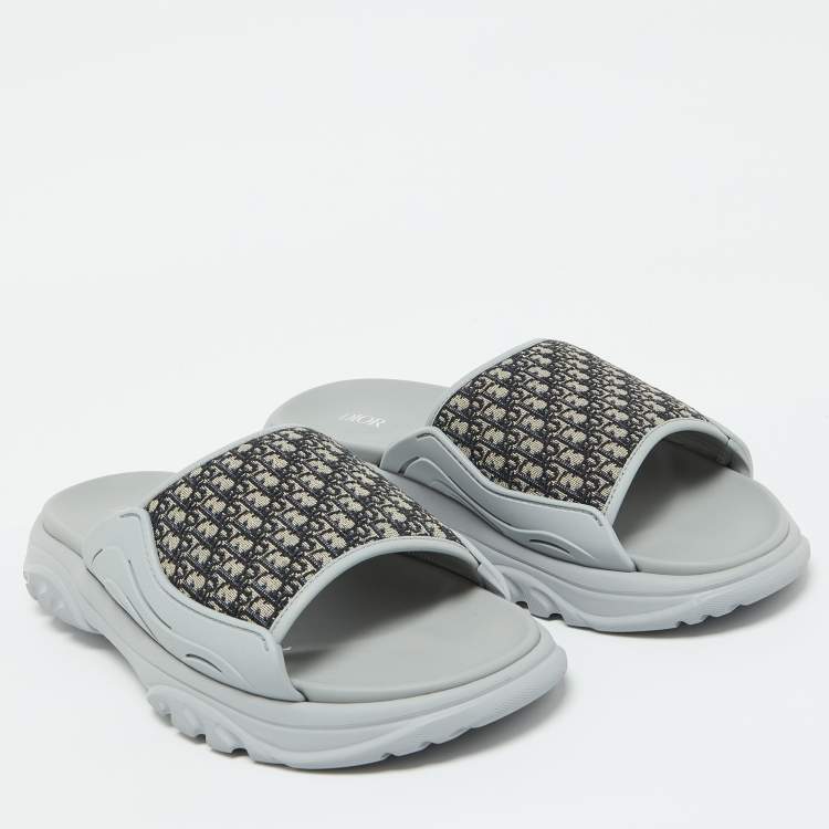 Pre Owned Dior Grey Canvas and Rubber H-Town Single Band Slide Sandals Size 44