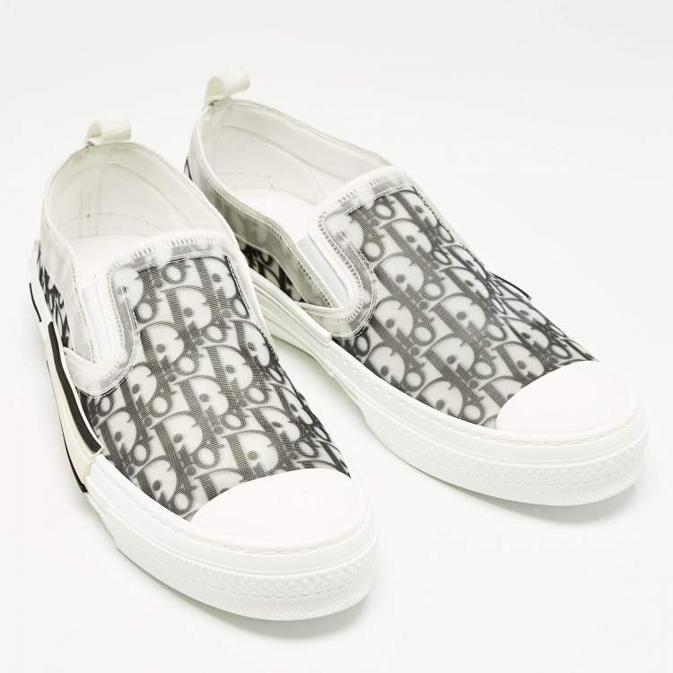 Pre Owned Dior White/Black Oblique Canvas B23 Slip On Sneakers Size 46