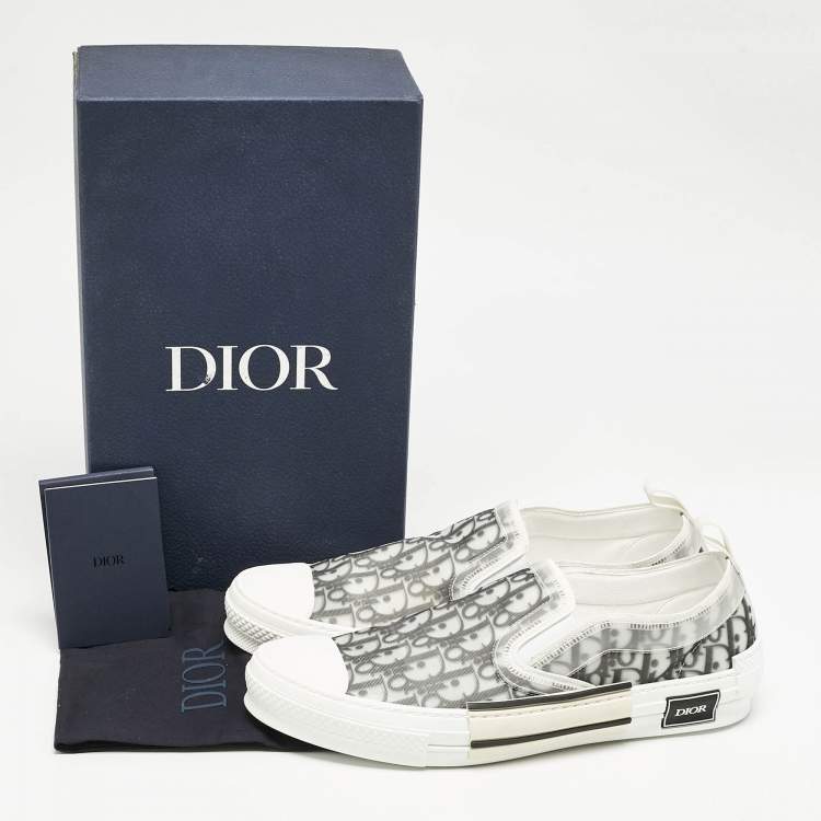 Pre Owned Dior White/Black Oblique Canvas B23 Slip On Sneakers Size 46