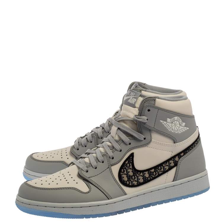 Pre Owned Dior x Jordan Grey/White Leather Air Jordan 1 High Top Sneakers Size 42.5