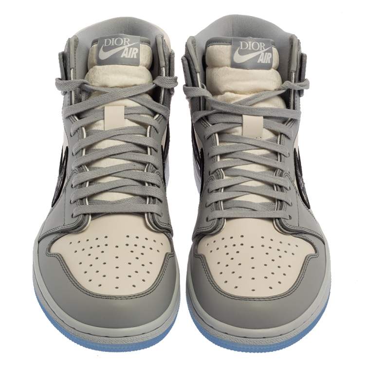 Pre Owned Dior x Jordan Grey/White Leather Air Jordan 1 High Top Sneakers Size 42.5