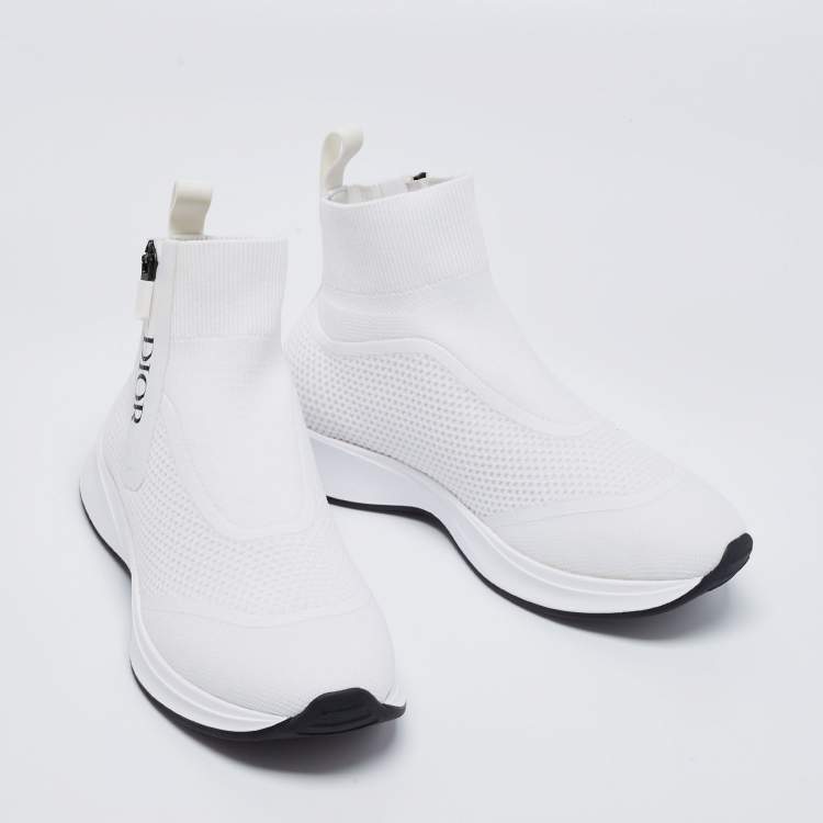Pre Owned Christian Dior White Knit Fabric B25 High Top Sock Sneakers Size 36 