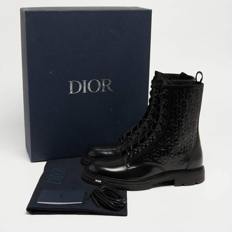 Pre Owned Dior Black Oblique Embossed Leather Explorer II Combat Boots Size 45