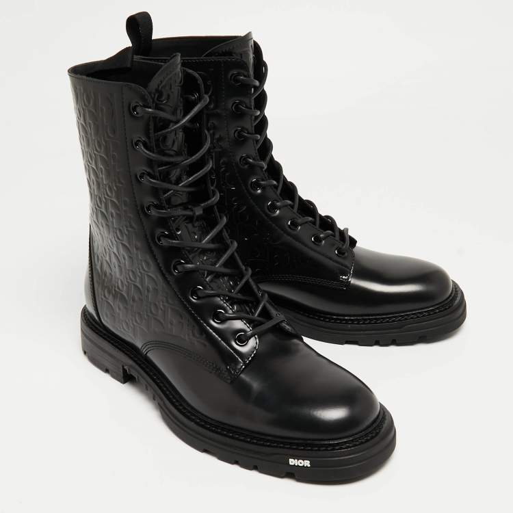 Pre Owned Dior Black Oblique Embossed Leather Explorer II Combat Boots Size 45