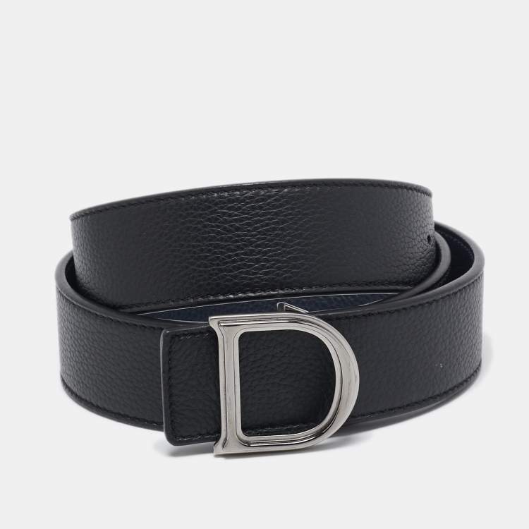 Pre Owned Dior Navy Blue/Black Leather D Buckle Cut to Size Reversible Belt