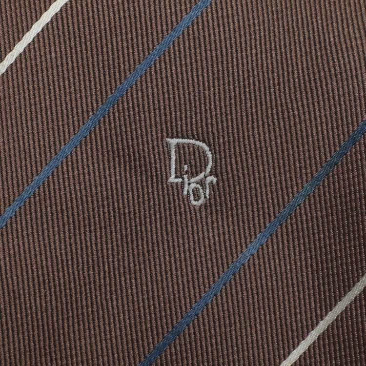 Pre Owned Dior Brown Diagonal Stipe Logo Nylon Tie 