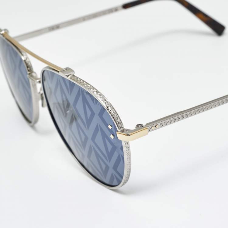 Pre Owned Dior Blue/Silver Tone CD Diamond A1U F2B4 Aviator Sunglasses