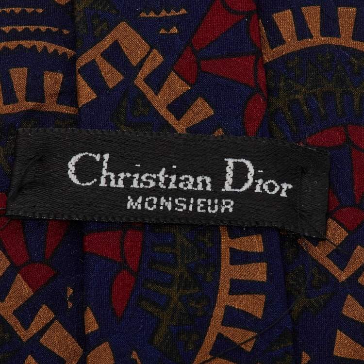 Pre Owned Dior Monsieur Vintage Navy Blue Printed Silk Traditional Tie