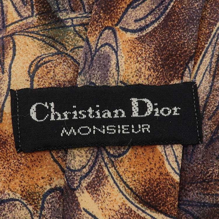 مملوكة مسبقًا ربطة عنق كريستيان ديور حرير منقوشة بزهور بيج تقليدية