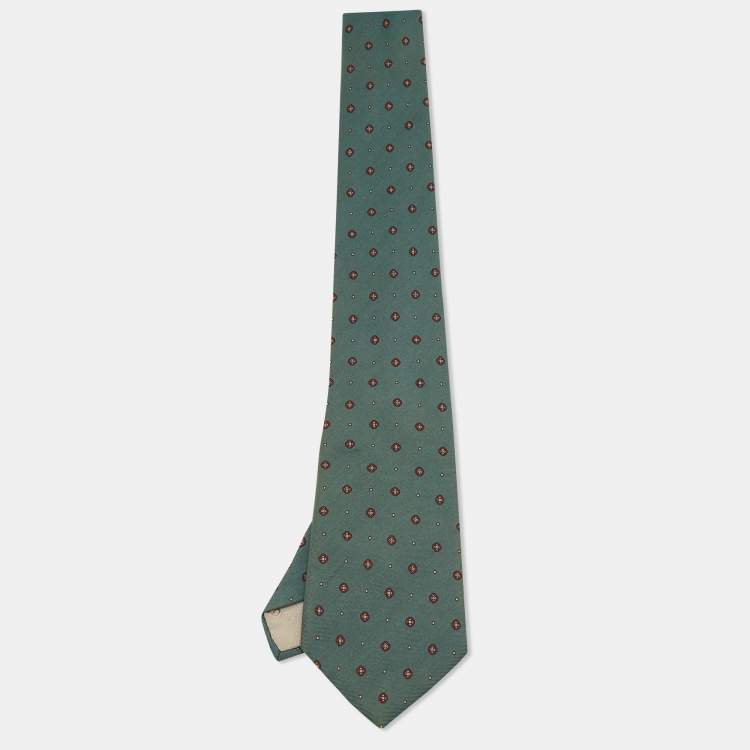 Pre Owned Dior Vintage Dark Green Floral Motif Print Silk Tie