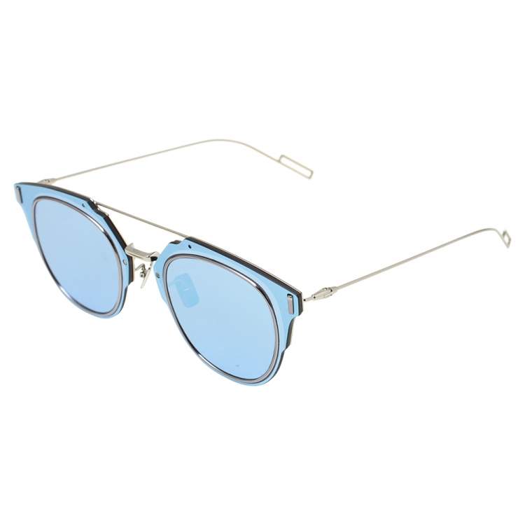 Pre Owned Dior Homme Silver Tone/ Blue Mirrored DiorComposit1.0 Aviator Sunglasses