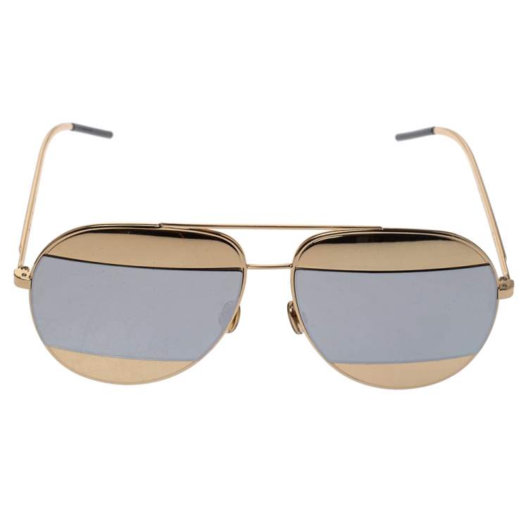 Pre Owned Dior Gold Tone/Silver Mirrored DiorSplit1 Aviator Sunglasses 
