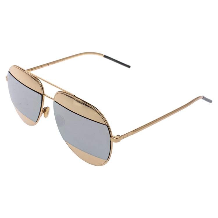 Pre Owned Dior Gold Tone/Silver Mirrored DiorSplit1 Aviator Sunglasses 
