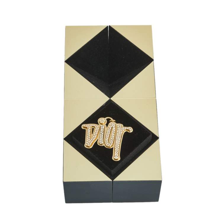 Pre Owned Dior Gold Tone Crystal Embellished Logo Pendant Necklace