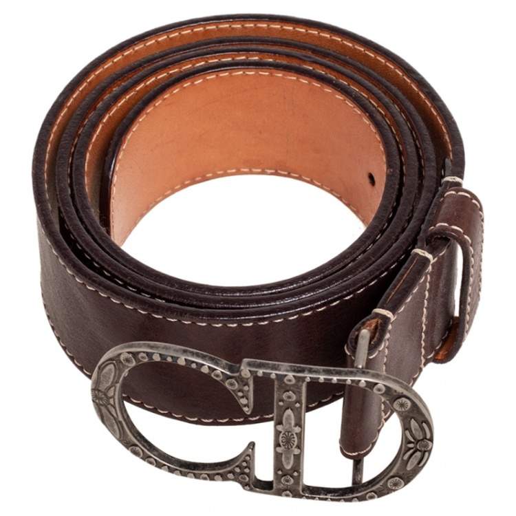 Pre Owned Dior Dark Brown Leather CD Logo Belt 90CM