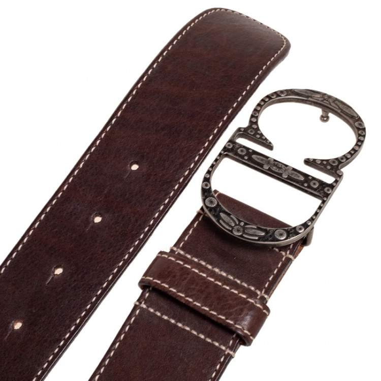 Pre Owned Dior Dark Brown Leather CD Logo Belt 90CM