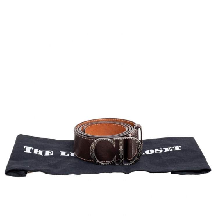 Pre Owned Dior Dark Brown Leather CD Logo Belt 90CM