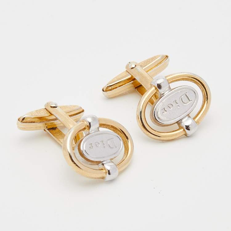 Pre Owned Dior Two Tone Metal Logo Oval Cufflinks