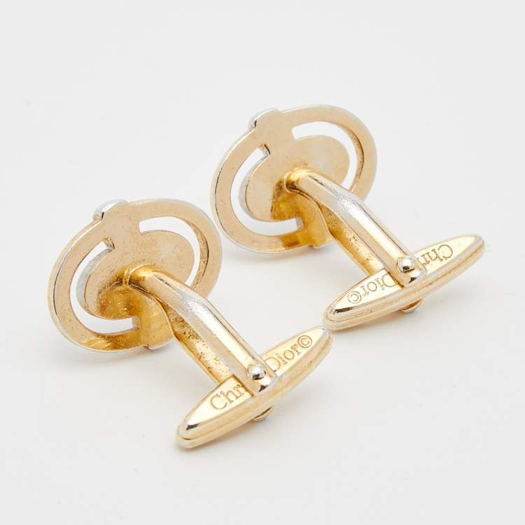 Pre Owned Dior Two Tone Metal Logo Oval Cufflinks
