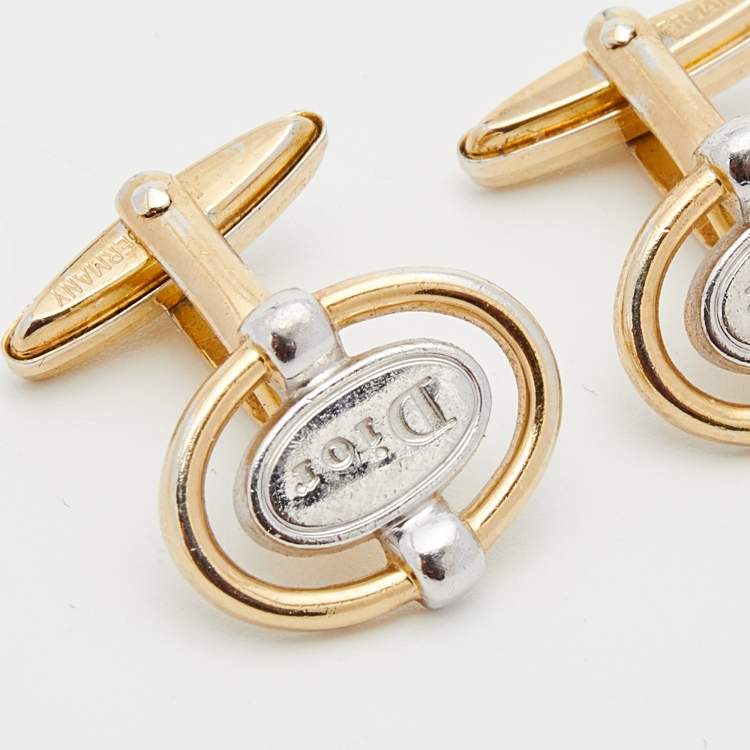 Pre Owned Dior Two Tone Metal Logo Oval Cufflinks