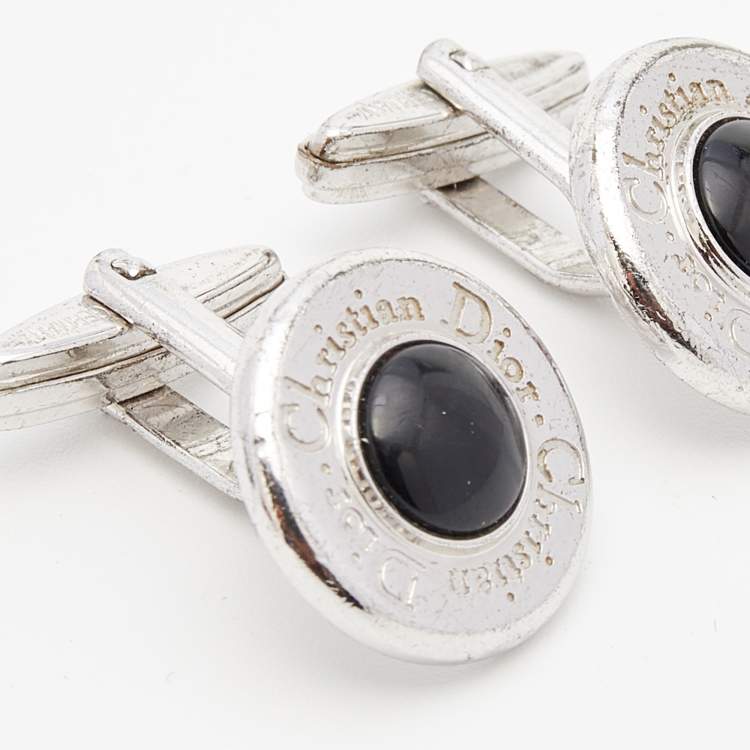 Pre Owned Dior Silver Tone Black Resin Logo Round Cufflinks