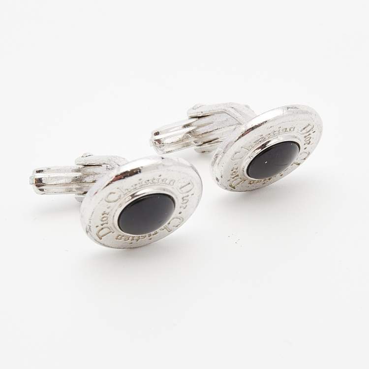 Pre Owned Dior Silver Tone Black Resin Logo Round Cufflinks