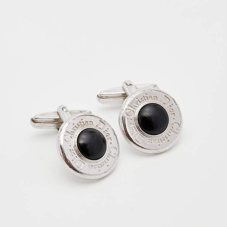 Pre Owned Dior Silver Tone Black Resin Logo Round Cufflinks