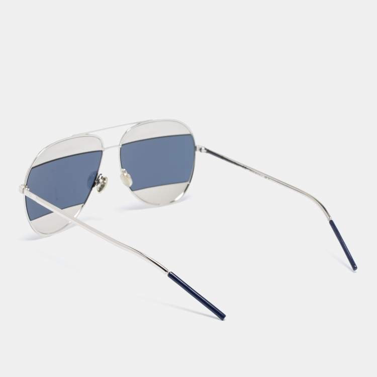 Pre Owned Dior Silver Tone/ Dark Blue 010KU Dior Split 1 Aviator Sunglasses