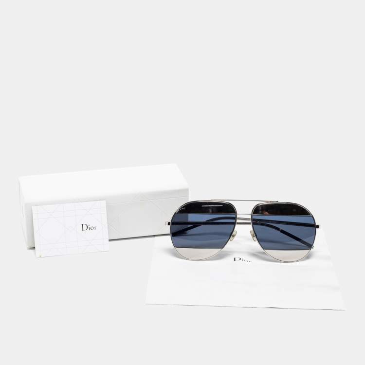 Pre Owned Dior Silver Tone/ Dark Blue 010KU Dior Split 1 Aviator Sunglasses
